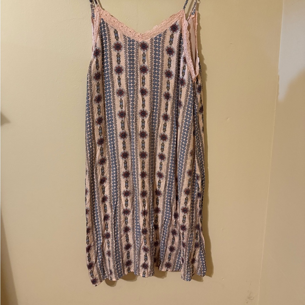Patterned Sleeveless Dress with Lace Trim